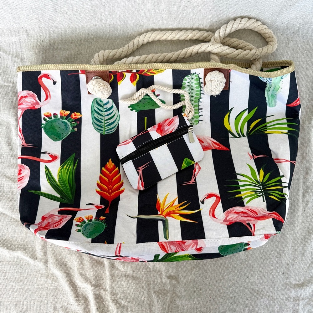 DonDon Large Tropical/Flamingo Beach Bag & Small Zipper Bag